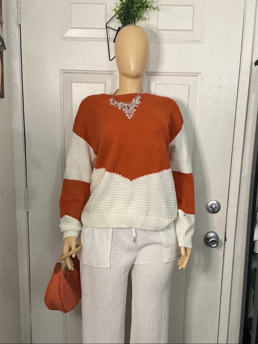 Women's Colorblock Knit Sweater - Orange & Cream